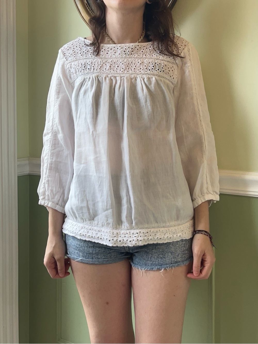 Cynthia Rowley white eyelet 3/4 sleeve blouse top